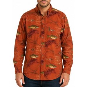 North River Outfitters Fishing Shirt L Orange Fish Lure Print Button Up Cotton